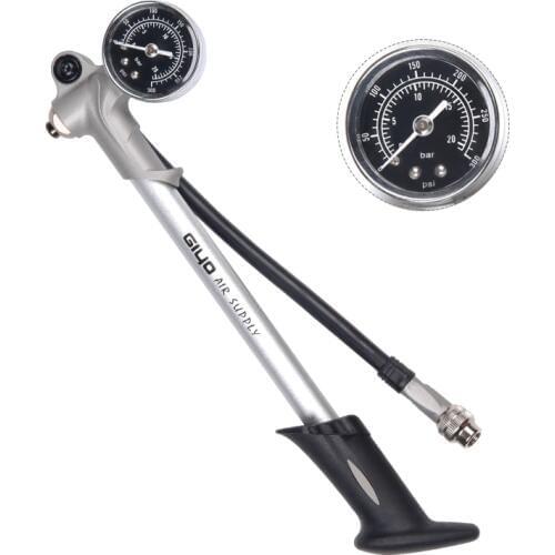 GIYO Bicycle Pump 300PSI Inflate Fork Shock Fits Schrader Compact Handy Mini Pump W/ Gauge Bleeder Foldable Hose Alloy Inflator