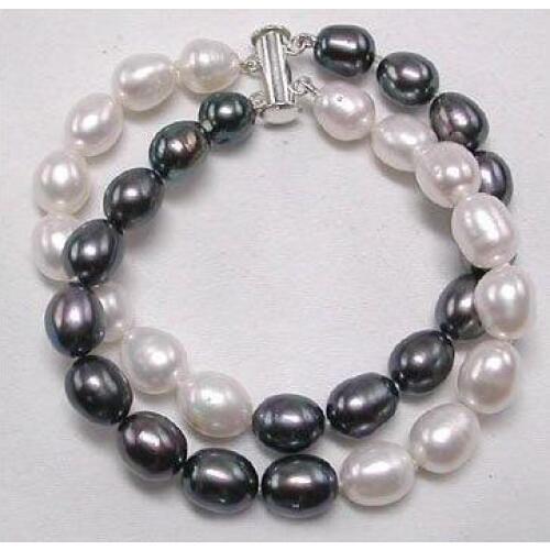 Perfect Pearl Jewellery,Top Quality 8-9mm White Black Rice Freshwater Pearl Bracelet,Magnet Clasp,Nice Women Birthday Gift