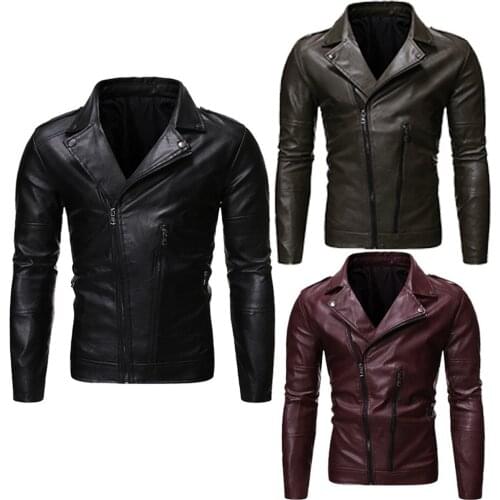 2021 Spring and Autumn New Diagonal Zipper Lapel PU Motorcycle Slim High Quality Mens Leather Jacket Zipper Pocket Faux Leather