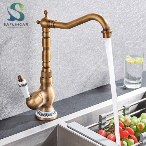Brass Ceramic Handle Bathroom Sink Faucet Mixer Antique Rotation Bath room Kitchen Crane Tap Hot and Cold Water Deck Mounted Tap
