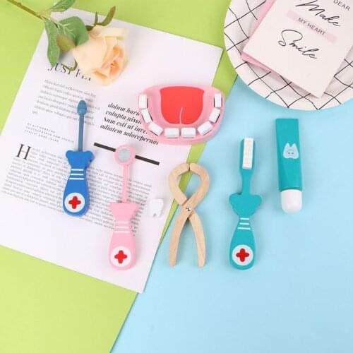 6Pcs Baby Toys Doctor Set Play Wooden Dental Tools Simulation Medicine Box