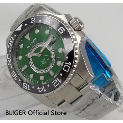 Solid BLIGER 43MM Green Dial GMT Indicator Black Ceramic Bezel Luminous Pointer Sapphire Glass Automatic Movement Mens Watch