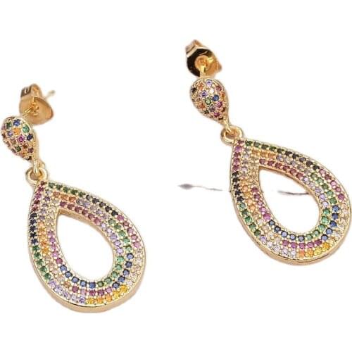JK Multi Color Cubic Zirconia CZ Pave Gold Color Filled Teardrop Loop Drop Earrings For Women Lady Gift