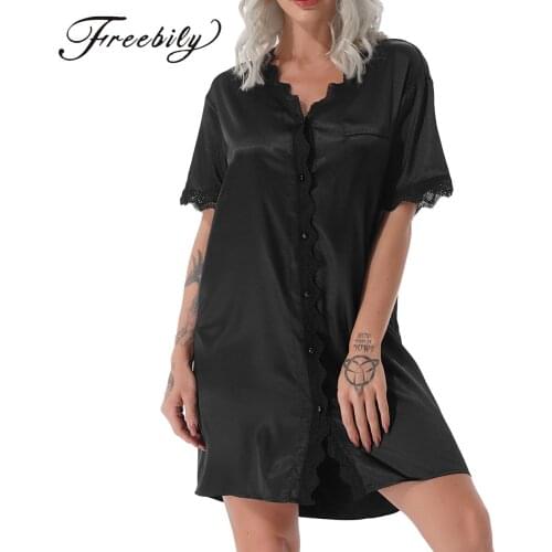 Womens Sexy Shirts Black Satin Short Sleeve Nightshirt Button Down Lace Trim Nightgown Sleepshirt Nightdress Loungewear