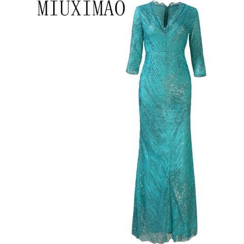New Arrival V-Neck Three Quarter Sleeve Maxi Dress Elegant Beading Sequined Solid Floor-Length Luxurious Long Dress Women