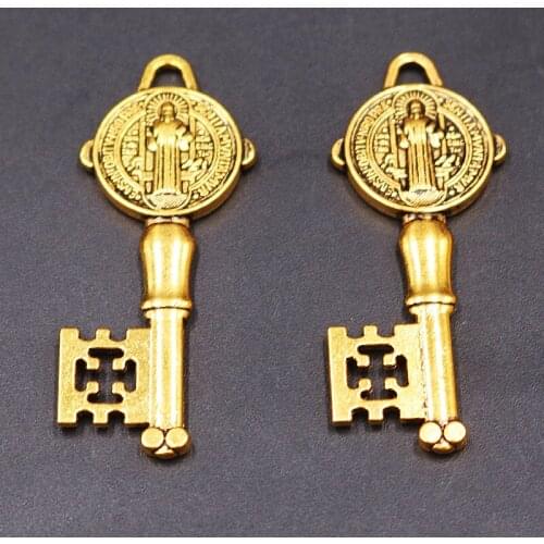 6pcs Antique Gold Color Religious Saint Benedict Exorcist Key Amulet Pendant DIY Charm Necklace Bracelet Jewelry Craft Making