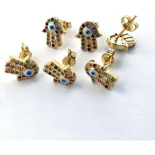 8 Pairs Trendy Hamsa Hand Eye Stud Earrings Gold Color Colorful CZ Rainbow cubic zirconia Micro Pave Women Jewelry ER953