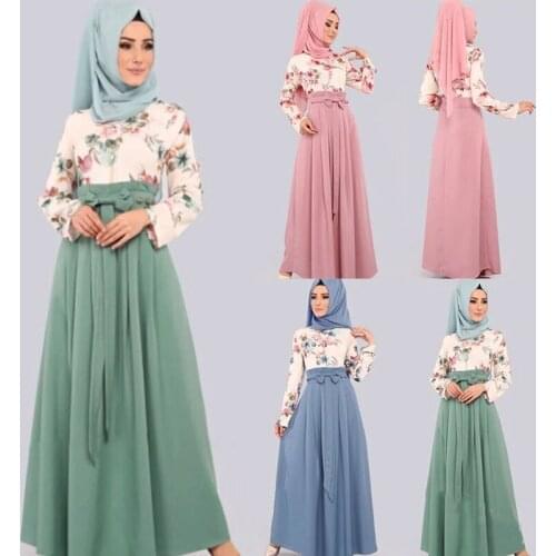 Abaya Turkish Islamic Malaysia Ruffle Pleated Hijab Dress Floral Print Women Robe Musulmane Kaftan Hijab Muslim Long Dress