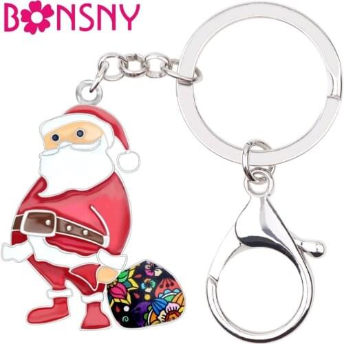 Bonsny Enamel Alloy Sweet Christmas Santa Claus Gift Bags Key Chain Ring Women Girls Bag Car Purse Keychains 2019 New Decoration