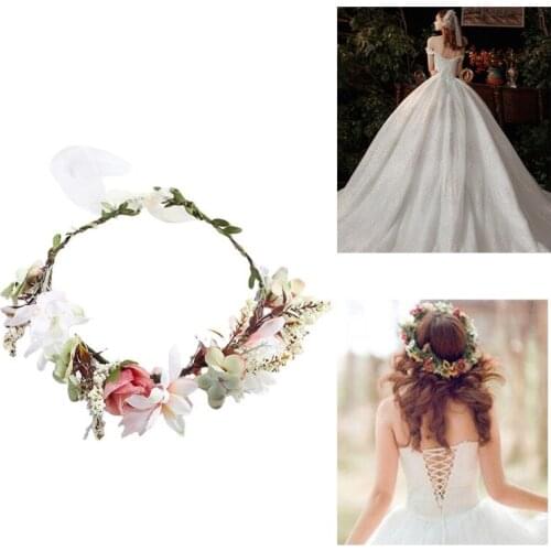 Handmade Flower Crown with Ribbon Pink Floral Leaf Wreath Crown Adjustable Floral Garland Headpiece Wedding Photo Props