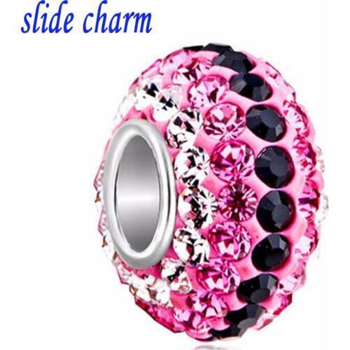 Slide charm Free shipping Valentines Day pink clay amulet black white pink tri-color crystal charm beads fit Pandora bracelet