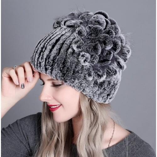 Beauty Womens Winter Warmth Knitted Hat With Side Flower Fashion Thick Woolen Hat European And American Imitate Rex Rabbit Hat