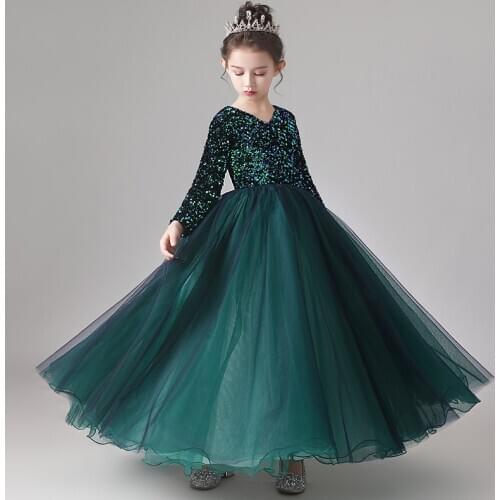 Flower Girl Dress Illusion V-Neck Sequined Princess Floor-Length Tulle Lace Full Luxury Green Elegant Cute Kids Party Gown H234