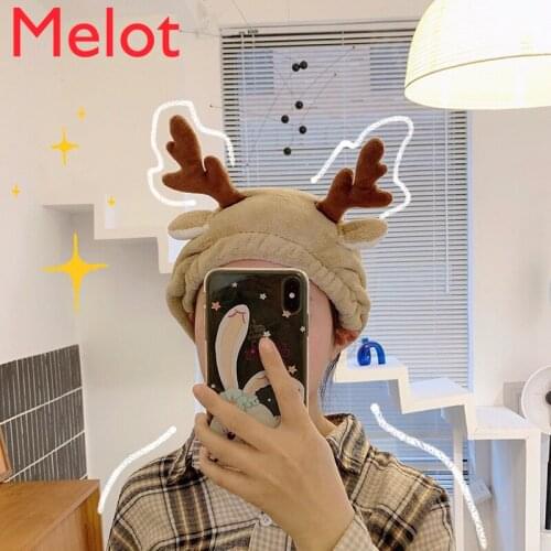 Cute Deer Horn Hair-Drying Cap Female Super Absorbent Towel Quick-Drying Shower Cap Cartoon Turban Padded Beanie