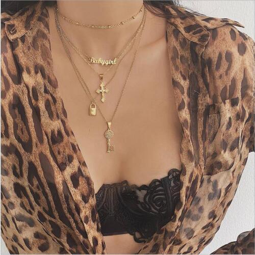 Multi Layer Necklace Chain Choker Word Babygirl Cross Christ Lock key pendant gold color plated girl gift