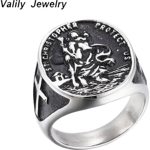 Valily Saint Christopher Ring Protect US 316L Stainless Steel Punk Cross Silver Tone Ring For Man Catholic Patron St Medal Rings