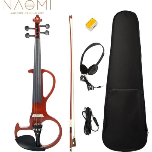 NAOMI Silent Electric Solid Wood Violin Ebony Fittings Size 4/4 Full Size Fiddle Set w/ Rosin+Headphone+Brazilwood Bow+Case