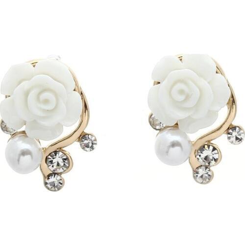 Pair Women Earring Stud Cute White Resin Rose Flower Shiny Rhinestone Faux Pearl
