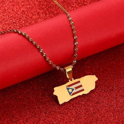 Puerto Rico Map and Flag Pendant Necklaces Gold Color PR Puerto Ricans Jewelry Gift