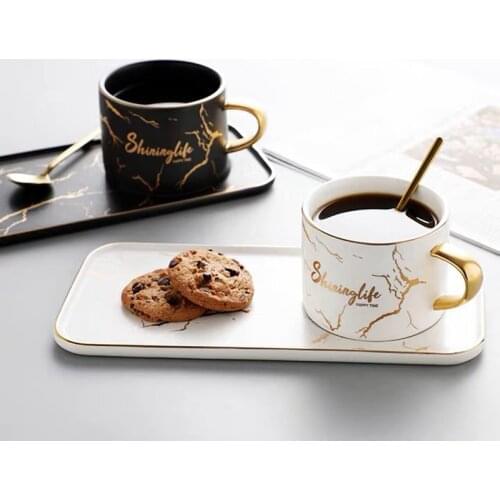 Nordic Luxury Gold Inlay Ceramic Coffee Cup and Saucer Set Coffee Cup with Dessert Plates Marble Design Dropshipping Gift