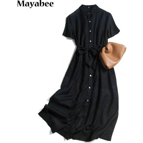 Silk Womens Dress 2021 Spring New Fashion Waist Waist Thin Striped Solid Color Shirt Button Skirt