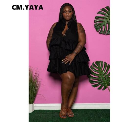 CM.YAYA Women Plus Size Dress Solid Sleeveless Strand Collar Single Breasted Loose Dresses Fashion Streetwear Summer Outfits