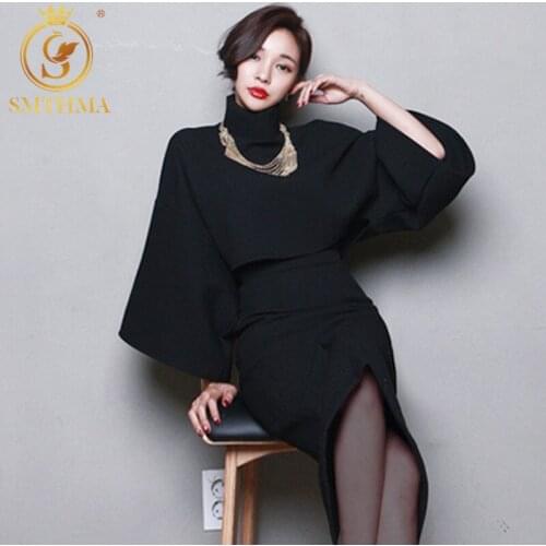 SMTHMA High Quality New Winter 2021 Fashion Designer Runway womens 2 Piece Sets Bat Sleeve Tops +High Waist Wool Skirt Suits