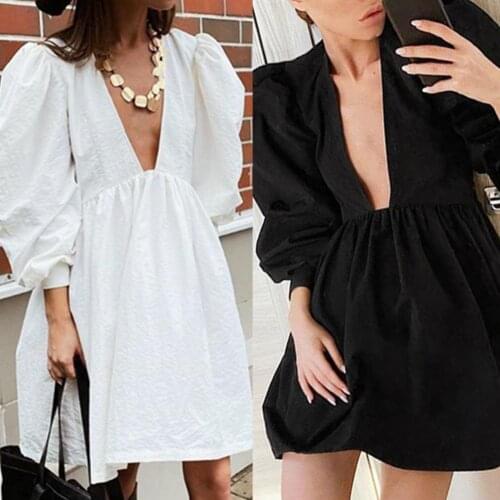 Loose Pullover Flare Dress Long Sleeve Solid Color Dress Puff Sleeve A-line Dress for Party Dress Wrap Summer Women Short Dress