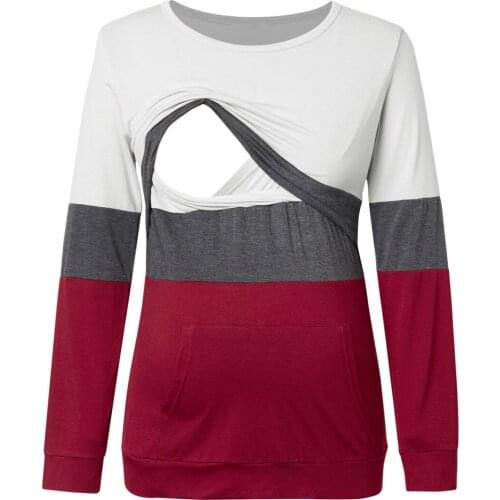 Maternity Tops For Pregnant Stripe Splicing O-neck Long Sleeve T-shirt Pregnant Women Blouse Tops Nursing Breastfeeding Tops