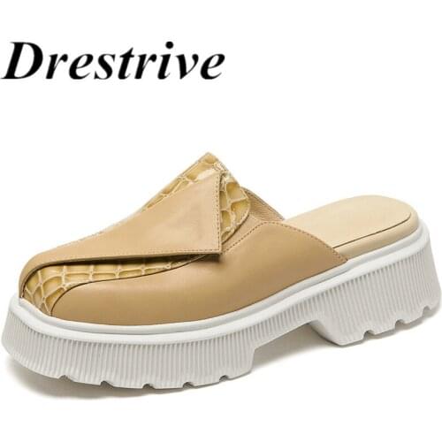 Drestrive Full Genuine Leather Women Pumps Round Toe Platform Thick Heels 2021 Summer Casual Shoes Mules Patchwork Brown