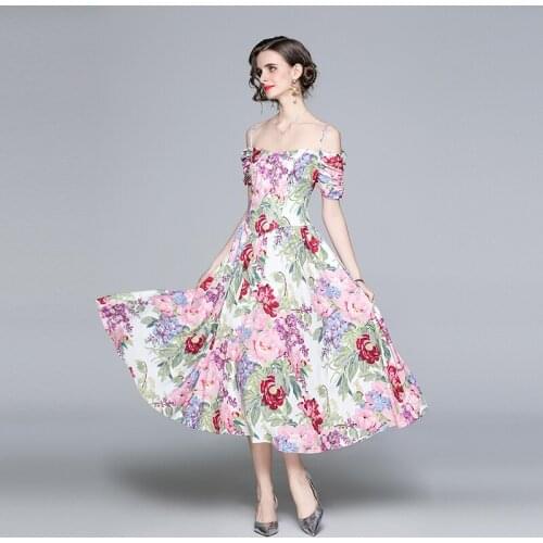 WTIANYUW 2021Summer Fashion Designer Flower Print Pleated Dress Short Sleeve Slash Collar Slim High Waist Vintage Casual Dress