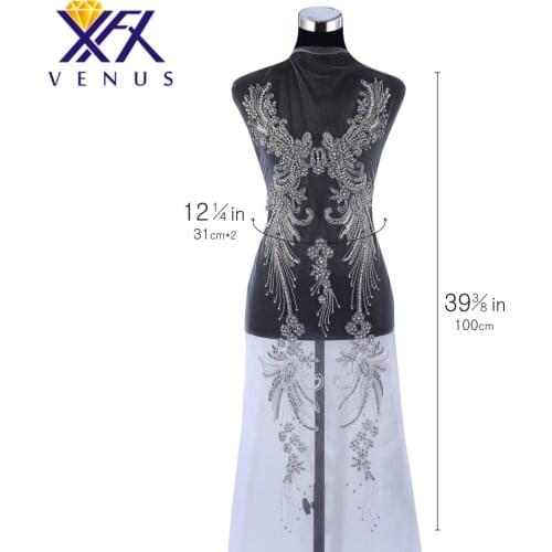 XFX VENUS Rhinestones Sequins Beads Applique Crystals Decorative Patches Bridal Solid Long Trim Patch for Evening Prom Dress Diy