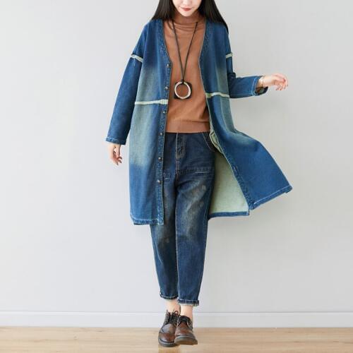 Oversized Denim Windbreaker Women Long V-neck Knitted jean Cardigan plus size Single Breasted Retro Bleached cowboy Trench