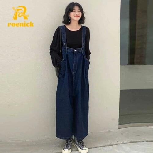 ROENICK Women Plus Size New Retro Denim Overalls Students Korean Loose 5XL Straight Jeans Cute Japanese Trendy Dark Jumpsuits