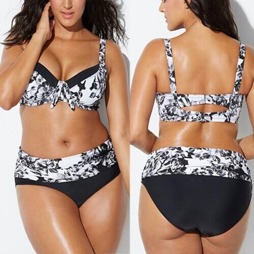 Plus Size Womens Bikini Set Black Whiter Floral Print High-Waisted Swimsuit Swimwear Vintage Travel Bathing Suit