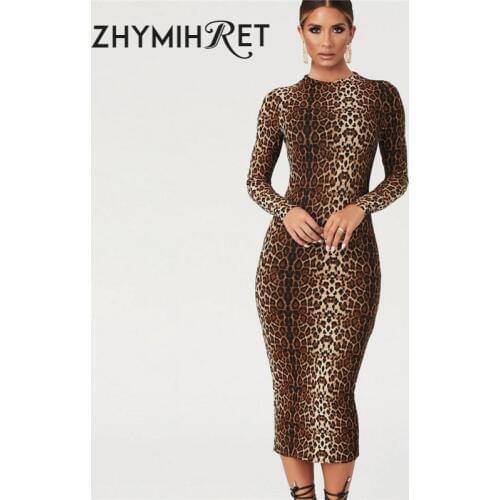 ZHYMIHRET 2019 Sexy Leopard Print Turtleneck Bodycon Dress Women Long Sleeve Midi Dress Autumn Vestidos De Festa Club Wear