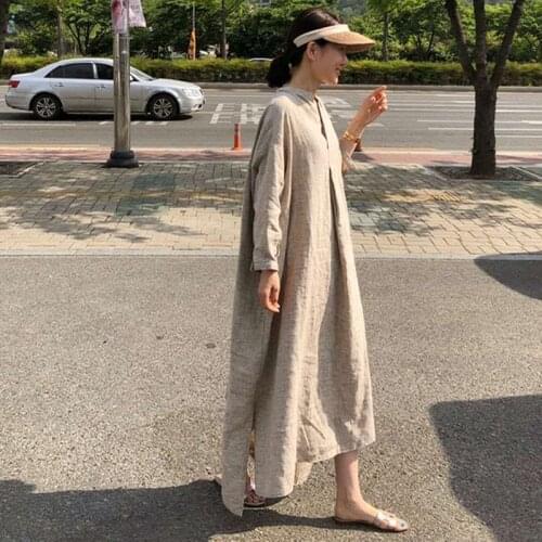 Johnature Summer New Vintage Solid Color Loose Women Dresses 2021 Casual Simple V-neck Full Sleeve Vacation Dress