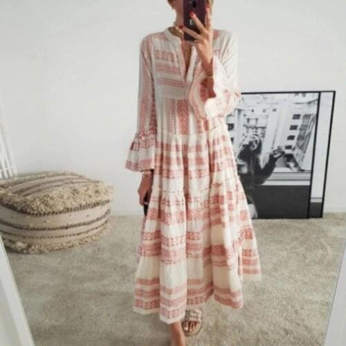 Vintage Floral Print Flare Sleeve Party Dress Women 2021 Autumn V-neck Button Long Dress Casual Loose Summer Beach Dress Vestid