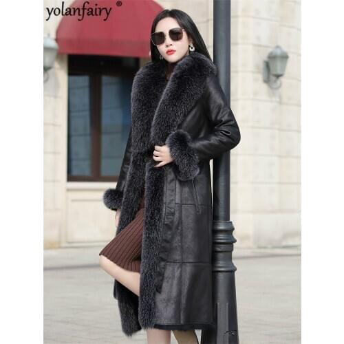 Winter Real Fur Coat Womens Genuine Leather Jacket Natural Rabbit Fur Coats Big Fox Fur Collar Long Real Leather Jackets M89087
