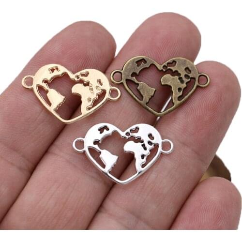 10PCS Gold Color Heart World Map Charm Connector for Jewelry Making Bracelet Accessories Necklace DIY 26x16mm