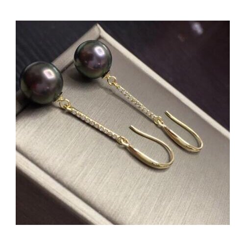 Free shipping>>>>noble jewelry charming pair of 10-11mm Tahitian round black green pearl earring 18k
