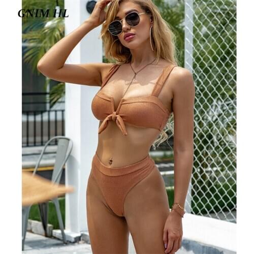 GNIM High Waist Bow Bikini Set 2020 Sexy V Neck Solid Swimwear Women Push Up Brazilian Swimsuit Female 2 Pieces Bather Suit New