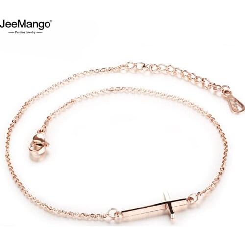 JeeMango Simple Titanium Steel Rose Gold Color Cross Womens Anklet Jewelry JA19039
