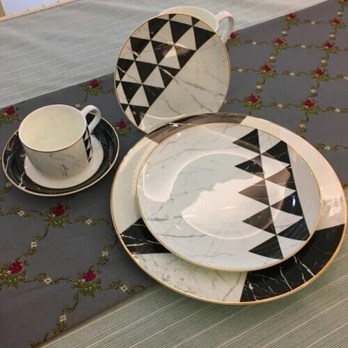 Marble Pattern Golden Inlay Tableware Ceramic Plate Snacks Desserts Salad Fruit Serving Tray Dish Dinnerware Set