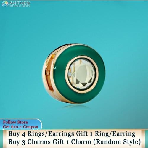 Ahthen 925 Sterling Silver Bead Green Circle Clip Charm fit Original Pandora Bracelets for Women Jewelry Making Girl Gift