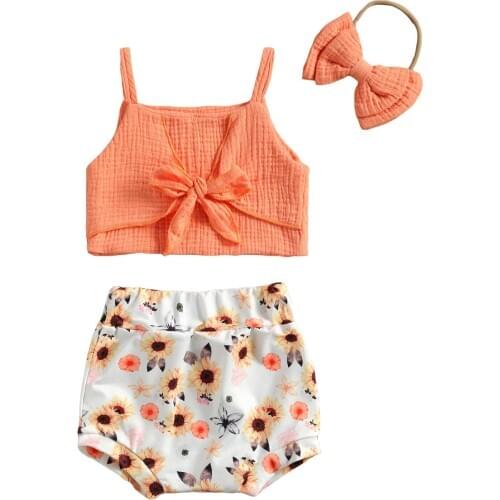 Summer Baby Girls Clothes Three Piece Set Infants Lace Up Halter Tops Flower Printing Elastic Shorts Bow Tie Hair Band