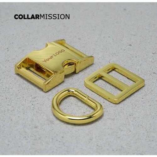 Metal buckle+Tri-Glid+D ring/set) Retailing yellow gold 20mm metal engraving buckle for DIY pet collar set harness DIY parts