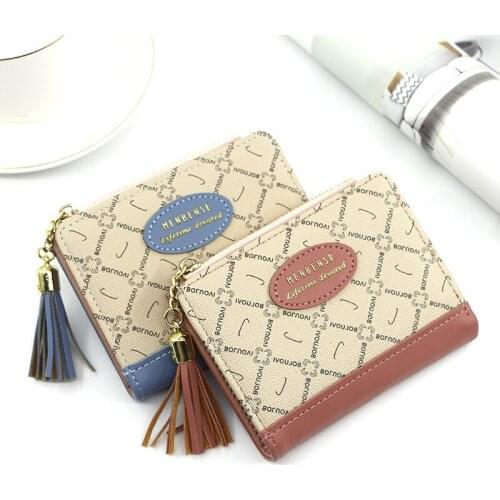 Fashion Womens Plaid Short Wallets Letter Tassels PU Leather Zipper Fold Wallet Keychain Women Girls Coins Purse Card Holder