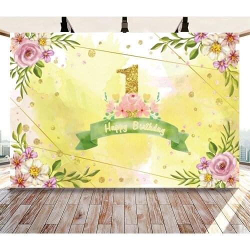 First Birthday Backdrops Yellow Gold Flowers Background for Photography Baby Shower Party Decoration Banner Personalized Poster