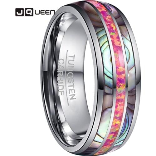 New Tungsten Carbide Ring 8mm Wide Dome Steel Inlaid with Two Acacia + Deep Magenta Opal Tungsten Steel Ring Wedding Band